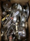 A quantity of mixed plated cutlery, a silver mirror, etc