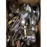 A quantity of mixed plated cutlery, a silver mirror, etc