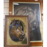 A Victorian charcoal and chalk drawing of a horse's head62 x 43cm and a relief print of a horse
