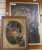 A Victorian charcoal and chalk drawing of a horse's head62 x 43cm and a relief print of a horse