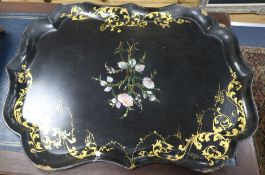 A Victorian large inlaid papier mache tray (a.f.) and a warming pan with turned wood handle (2)