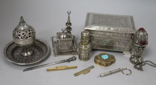 Mixed silver including Chinese gilt box, Islamic silver mosque, incense burner etc