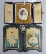 An oval miniature watercolour portrait of a young girl, a miniature silver photograph frame and a