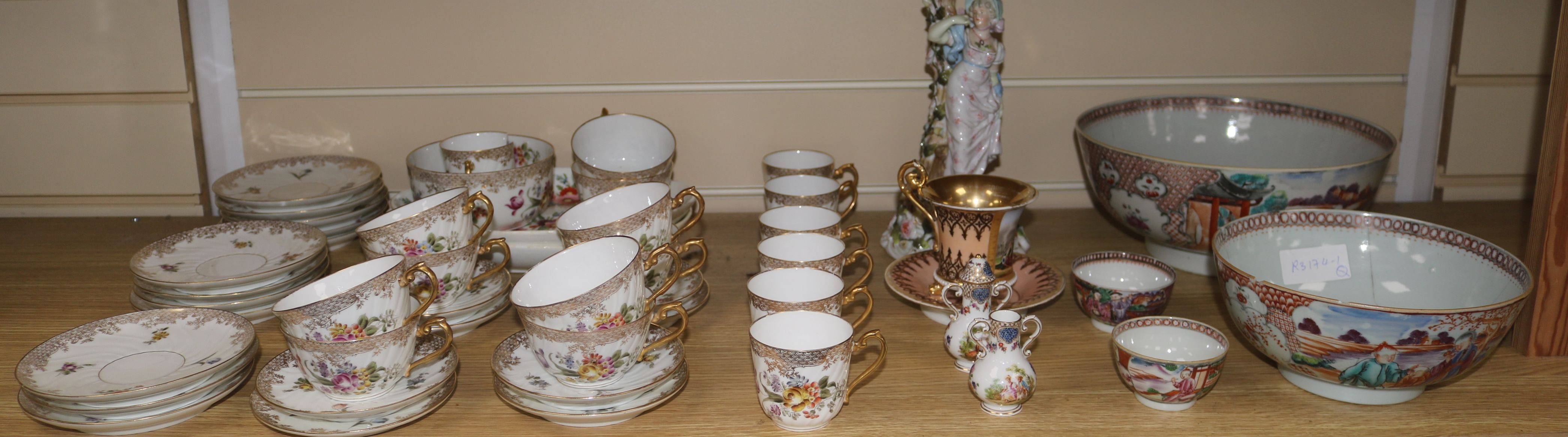 Three Chinese famille rose bowls, a Limoges teaset, a Paris porcelain cup and saucer etc