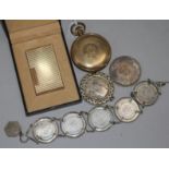 Mixed items including cased Dupont lighter, gold plated pocket watch and coin bracelet.