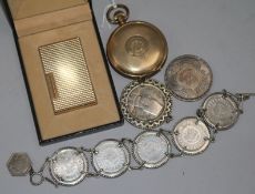 Mixed items including cased Dupont lighter, gold plated pocket watch and coin bracelet.