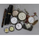 Three fountain pens, six pocket watches and 3 other watches.