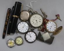 Three fountain pens, six pocket watches and 3 other watches.