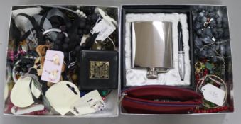 A quantity of mainly costume jewellery etc. including cased hip flask and pen.