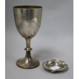 A Victorian silver cup(a.f.) and a silver ashtray.
