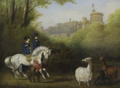 English Schooloil on panelQueen Victoria and Prince Albert riding beside llamas with Windsor