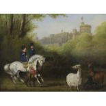 English Schooloil on panelQueen Victoria and Prince Albert riding beside llamas with Windsor