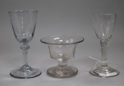 A firing glass and two other 18th century glasses