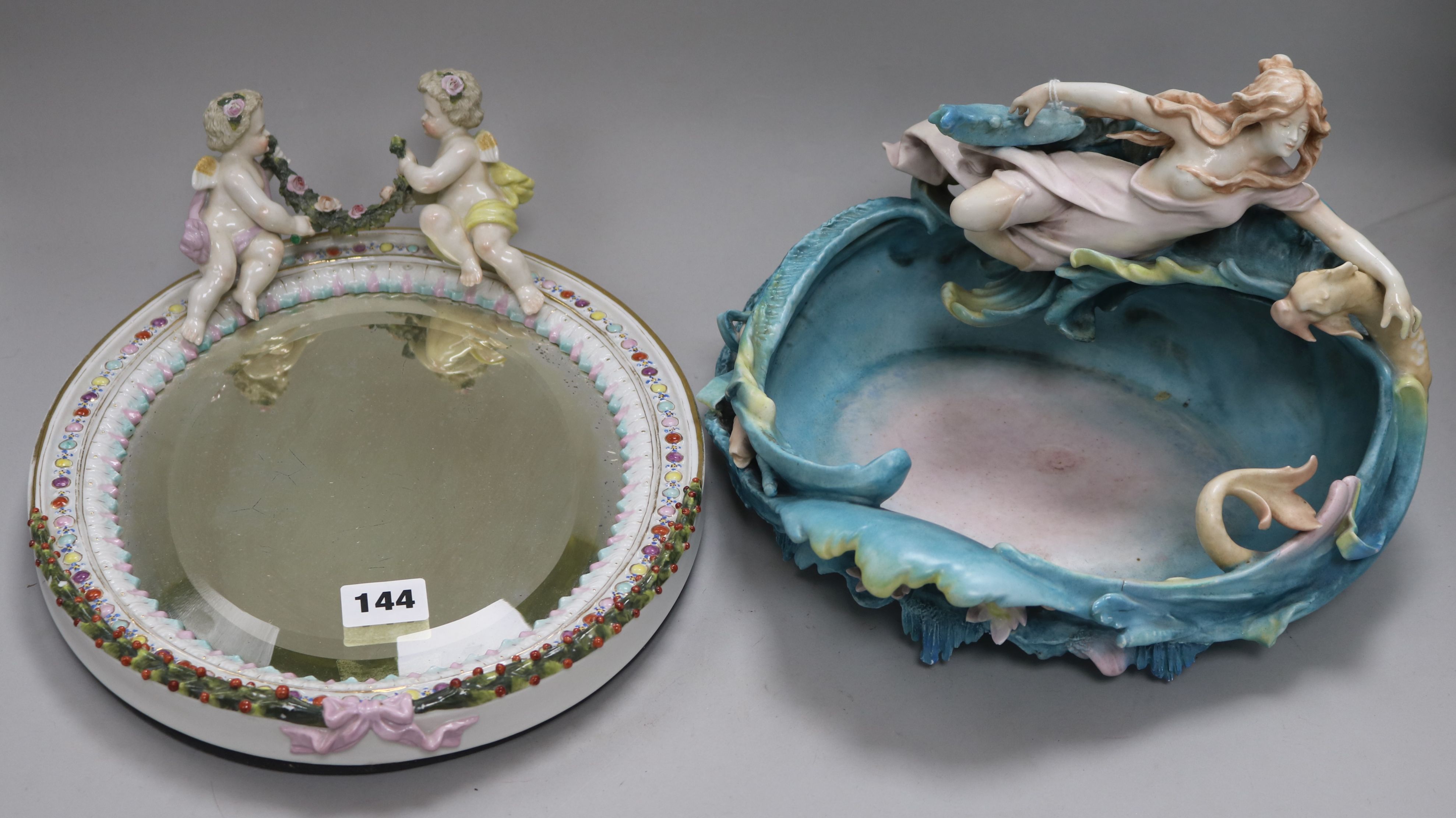 An Art Nouveau bowl and a German porcelain mirror