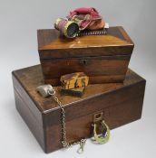 A writing box, tea caddy, Opera glasses and 2 snuff boxes etc