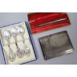 An Art Deco silver cigarette case, a set of six silver coffee spoons and a cased pen.