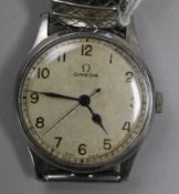 A gentleman's early 1940's steel Omega manual wind wrist watch, with Arabic dial and blued steel