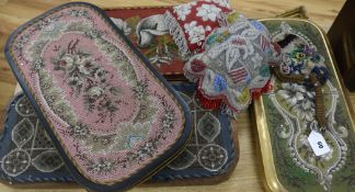 Three Berlin beadwork trays, two cushions and two purses