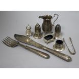 A pair of silver fish servers, a pair of silver sugar tongs and sundry plated condiments, etc.