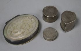 Two Georgian silver pill boxes, a 19th century mother of pearl and horn mounted white metal oval box