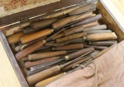 A collection of wood working tools in a wooden boxNote: Formerly the property of Frederick