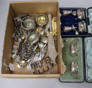 Assorted silver and plated items including cased condiments, cigarette case, toastrack etc.