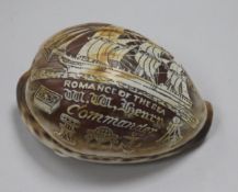 American Interest - a 19th century carved cowrie shell, decorated with a clipper ship in full