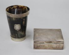 A Victorian silver mounted horn beaker and a cigarette box.