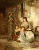 19th century French Schooloil on board,Mother and children seated before a cottage50 x 41cm