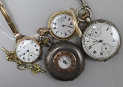 Two silver pocket watches, two gold plated watches and two ornate watch keys.