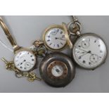 Two silver pocket watches, two gold plated watches and two ornate watch keys.