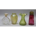 Two Loetz glass vases, a Lalique scent bottle etc