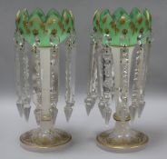 A pair of 19th century green and gilt lustres