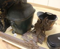 A carved ebonised fire screen, green toleware coal bucket, fender etc