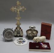 A mother of pearl crucifix, a pig money box and various collectables