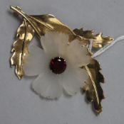 A 9ct gold, frosted glass and gem set flower head brooch, 64mm.