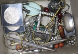 A mixed quantity of items including pens, wine labels, coins, etc.