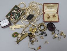 A quantity of mixed items including a pair of 9ct gold earrings, Satffordshire enamel patch box