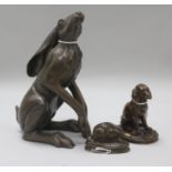 After Jacquemart, bronze, 'Basset Assis', a small bronze model of a rabbit after Barye and a