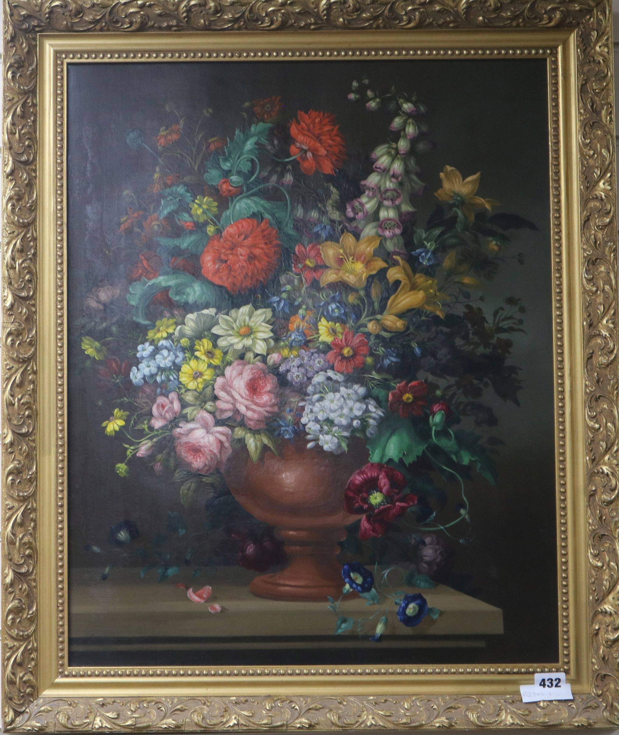 English Schooloil on wooden panelStill life of flowers in a vase upon a ledge62 x 49cm