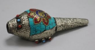 A Tibetan white metal and mounted conch shell