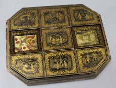 A 19th century Chinese export lacquer games box, containing engraved mother of pearl counters