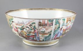 A Chinese famille rose mandarin pattern punch bowl, Qianlong period, finely painted with figures