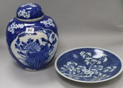 A Chinese blue and white prunus jar and plate