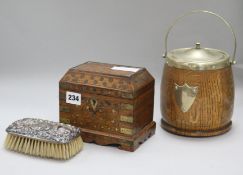 An Indian box, biscuit barrel and a brush