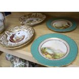 A pair of early 19th century landscape plates, a pair of similar Derby plates and a Derby shaped