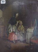 French School (19th century)oil on canvasMother and child at dressing table,34 x 26cm. unframed