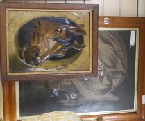 A Victorian charcoal and chalk drawing of a horse's head62 x 43cm and a relief print of a horse