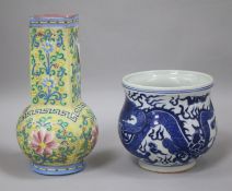 A Chinese blue and white censer and an enamelled glass vase