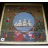 A Victorian sailor's woolwork picture, circa 1855, worked with a telescopic view of a Royal Navy